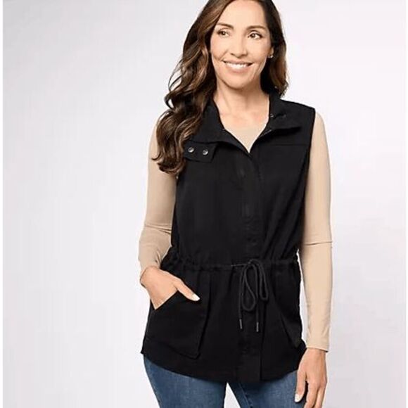 AnyBody Womens Small Cargo Vest Black Pockets Side Slits Snap Zip Closure NWOT) - Picture 1 of 4